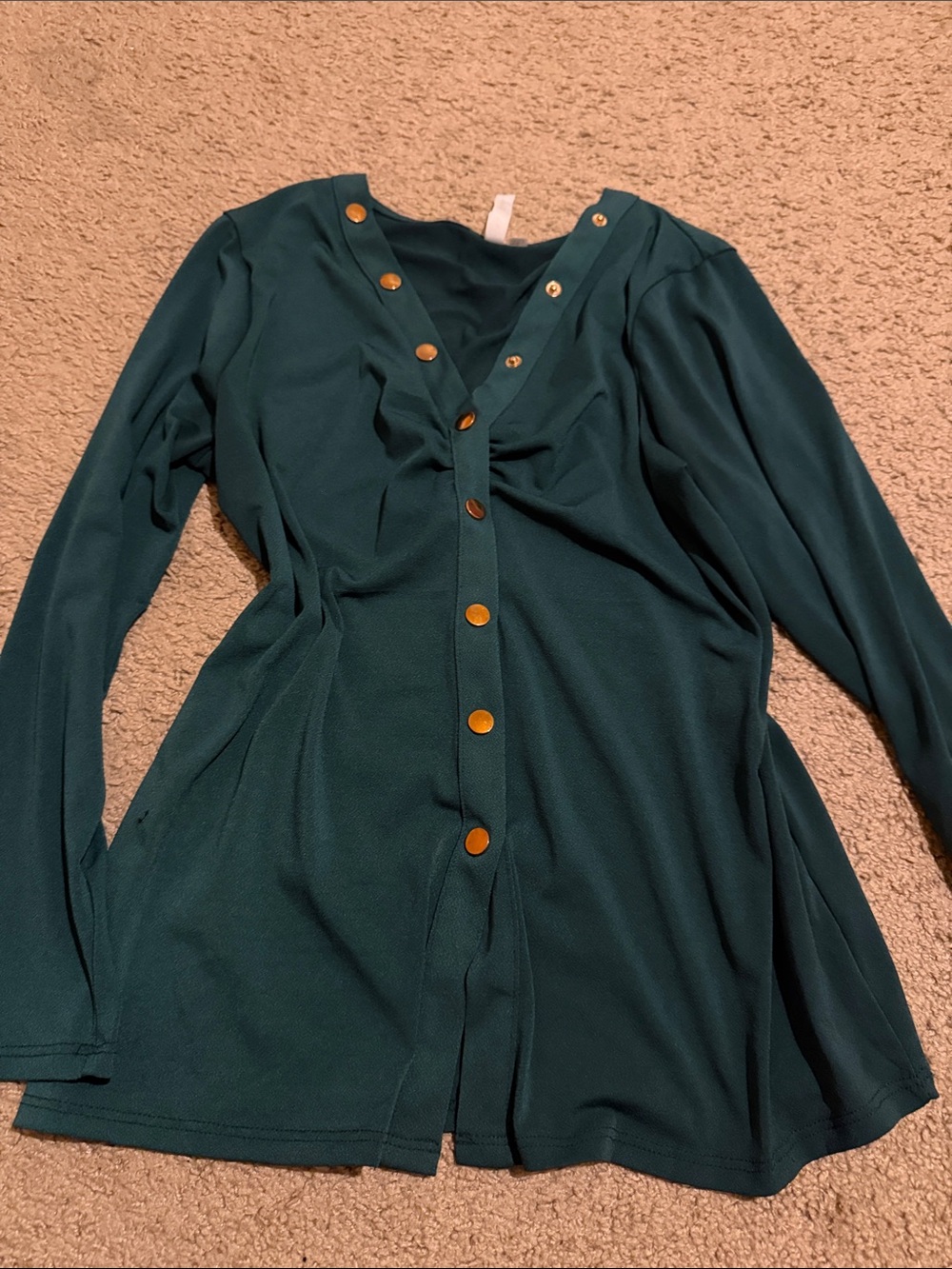 Long-Sleeve Teal Button-Front Women's Dress with Gold Accents